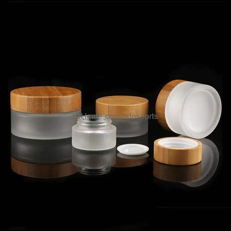 Bamboo Cap Frosted Glass Cream Bottles Round Cosmetic Jars Hand Face Cream Bottle 15g-30g-50g Jar with PP Inner Liners Cover