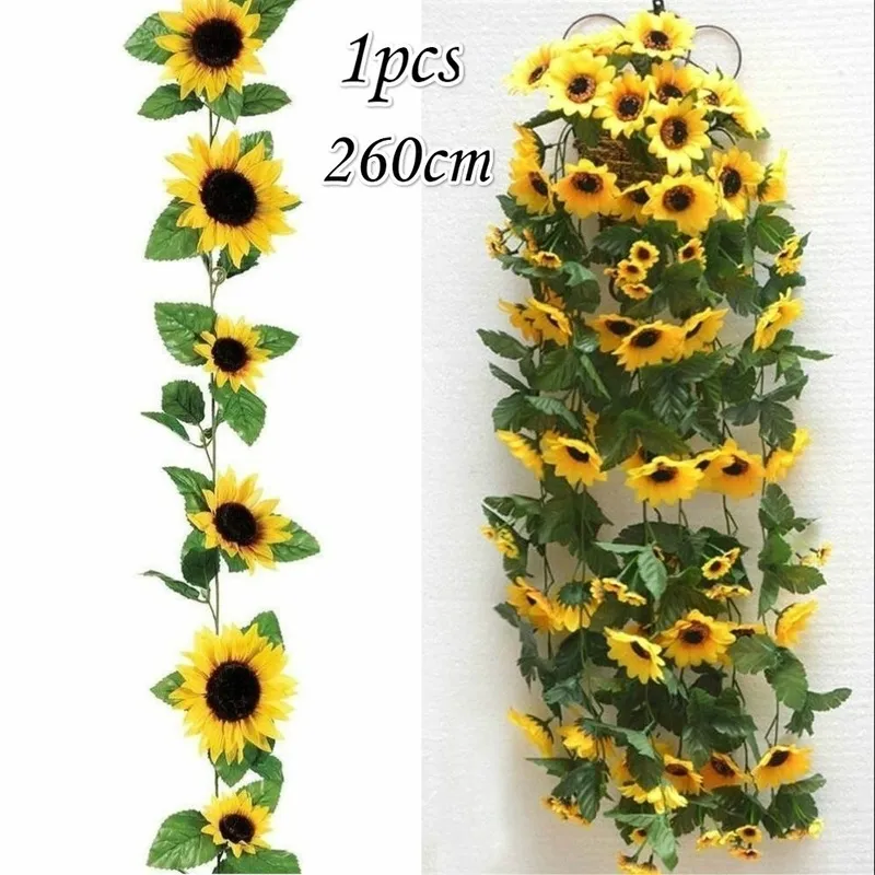 1PCS 260 cm Sztuczny żółty słonecznik Garland Flower Vine Wedding Weseld Arch Decor Silk