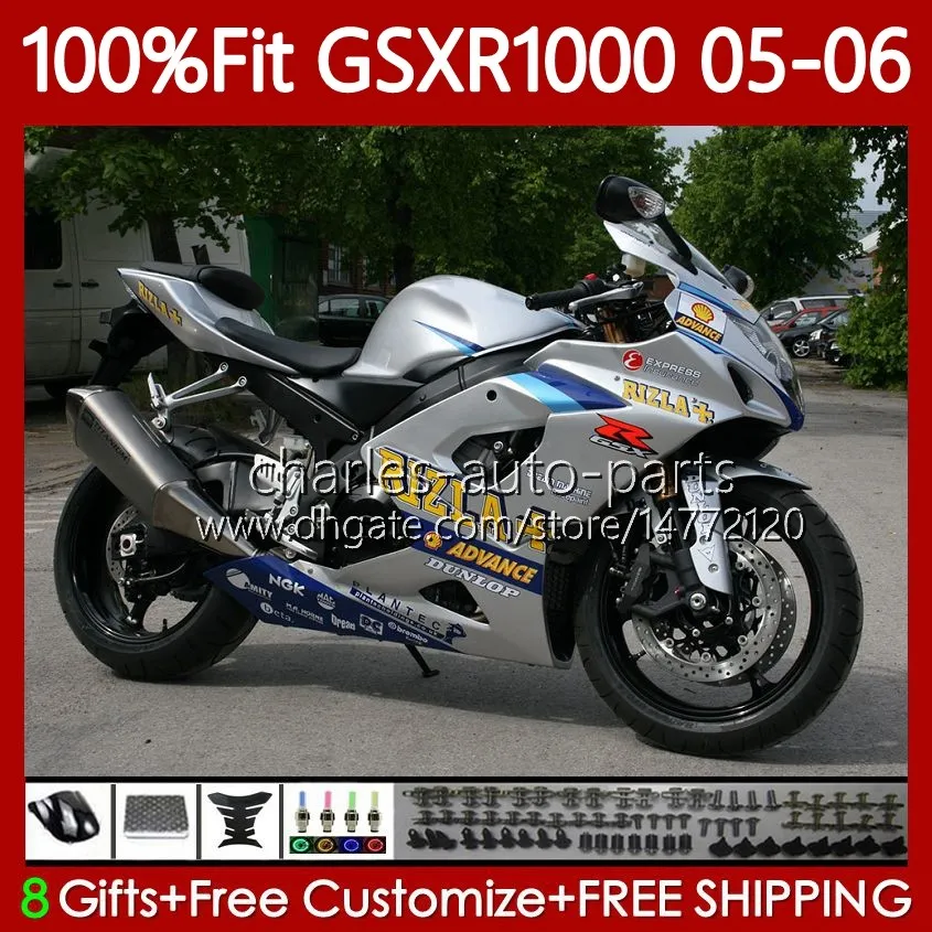 OEM MOTO BODY FÖR SUZUKI GSXR 1000 CC K5 GSX-R1000 2005 2006 Bodywork 122No.0 GSXR-1000 GSXR1000 1000cc 05 06 GSX R1000 05-06 Injektionsform Fairings Kit Glossy Silveryy