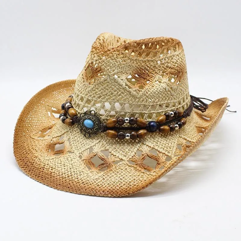 Berets Summer Braided Cowboy Hat z koralikowatą kapeluszą słomką czapkę kallaite zachodnia cowgirl sombrero na zewnątrz unisex boho jazz plażowy sunhatberets