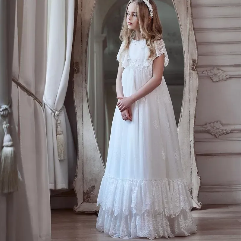 Bohemian 2022 Flower Girl Dresses For Wedding Boho Lace Appliqued Toddler Pageant Gowns Tulle First Communion Dress