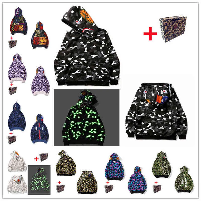 Herrhuvtröja Högkvalitativ Shark Graffiti Print damer Par Hip Hop Stitching Starry Sky Luminous Dot Hooded Camouflage WY10130102CWFW