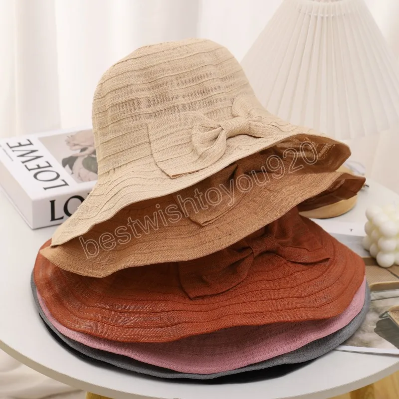 Женщины лук лето козырьки шляпа складной крышка солнечная колпачок широкий большой брейк хлопчатобумажные шляпы Chapeau Lady Beach UV защитные колпачки регулируемые