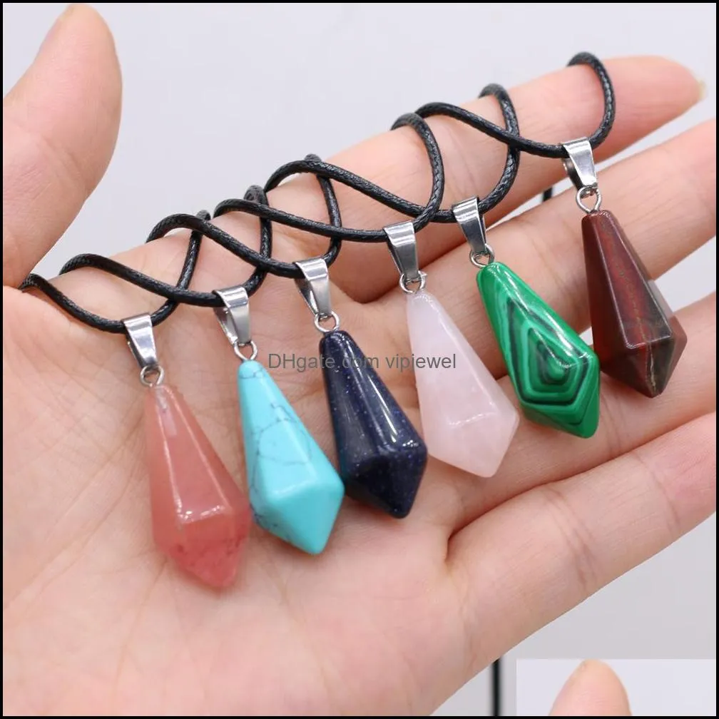 natural stone tiger eye stone turquoise opal quartz crystal pendant necklaces for women reiki heal crystal pendulum charms leather rope