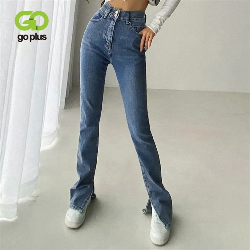 Goplus jeans kvinna hög midja jeans streetwear ljus blå denim byxor vintage split flare byxor kvinnor koreanska pantalon femme 210302