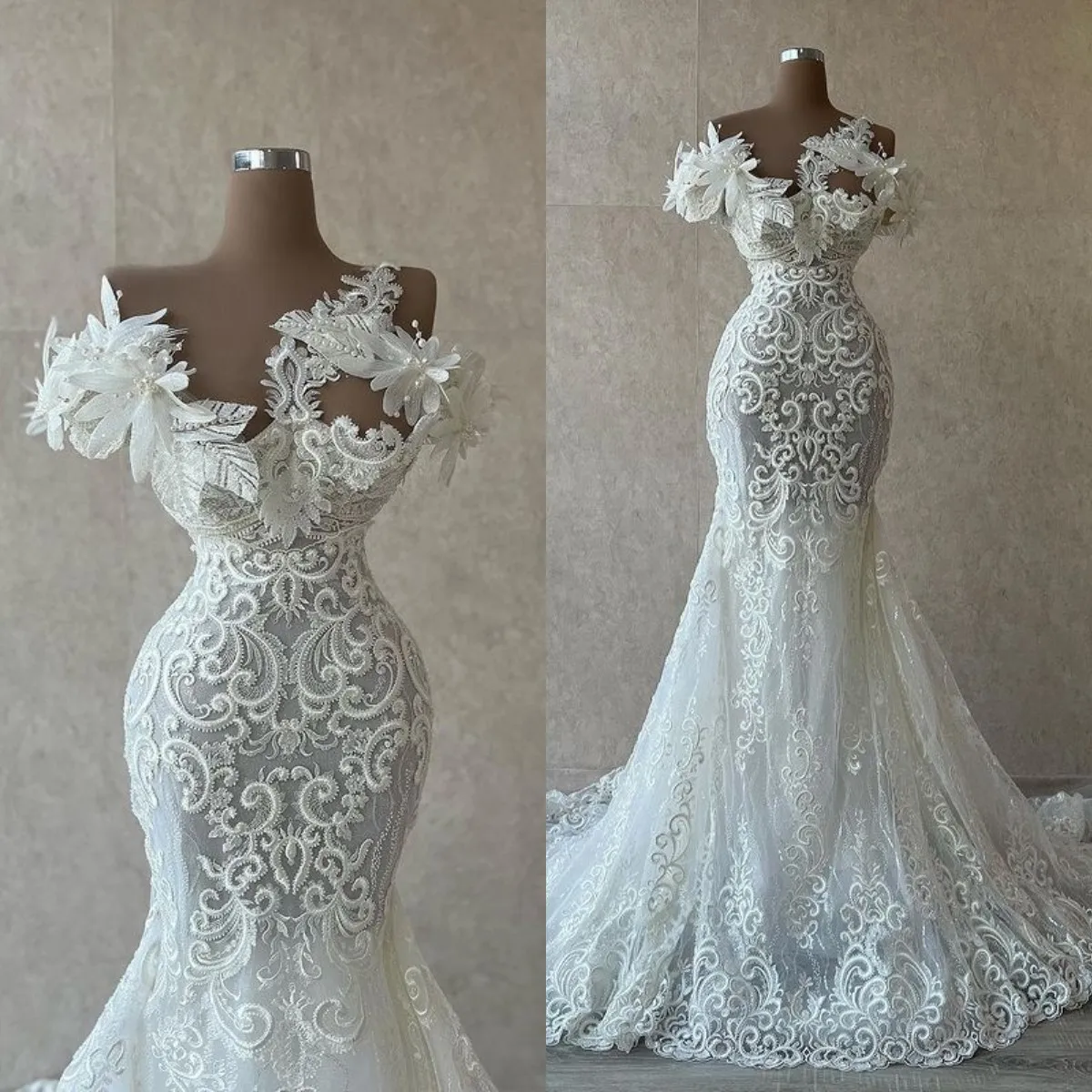 Sexy 2022 Mermaid Beach Wedding Dresses Bridal Gowns 3D Flower Pearls Lace Appliqued Sheer Neck Custom Made Vestido De Novia