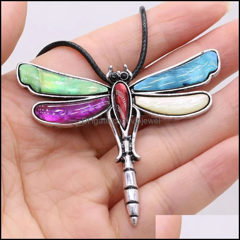pendant necklaces natural white abalone shell necklace fashion dragonfly brooch with leather rope animal charm jewelry for women