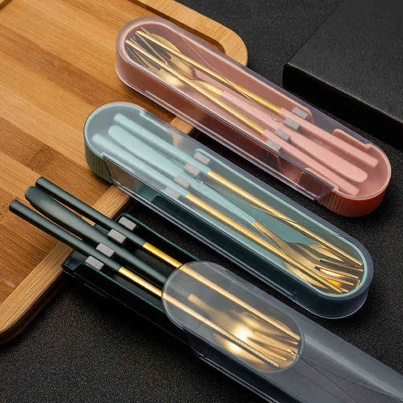 أدوات المائدة الذهبية 3pcs/مجموعة أدوات مائدة محمولة مع Case Chopsticks Fork Fork Soup Spoon Camping Outdoor Picnic Pansils Y220530