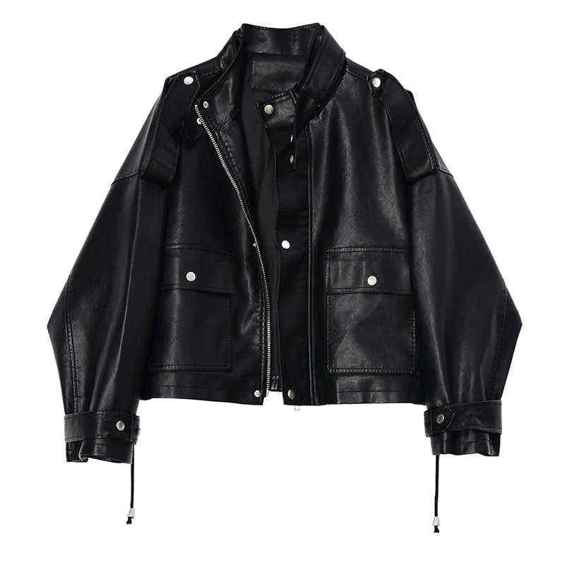 Lautaro kort överdimensionerad skinnjacka kvinnor långärmad lös svart zip up jacka kvinnliga kläder 2020 kvinnor mode till försäljning l220728
