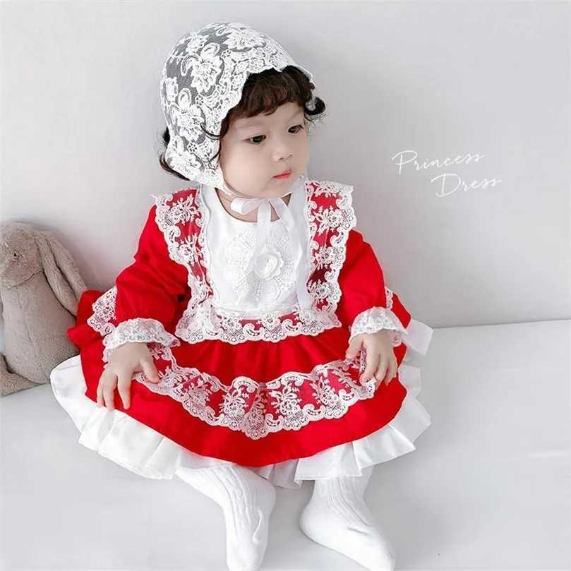 スペインのベビー服秋の女の子スペイン語ドレスベビーロリアレッドレースボールガウン幼い誕生日服ベビーバプテスマフロックlj201222