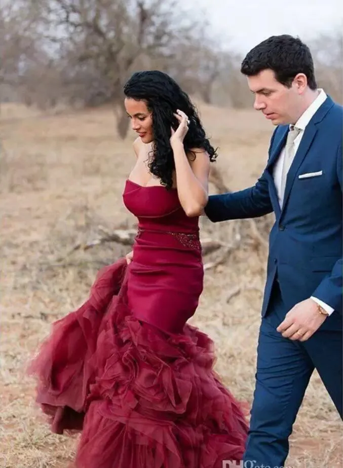 Burgundy Western Countryside Burgundy Dress For Wedding 2022 With Strapless Ruffles Cathedral Train Lace Up Corset And Organza Fabric Perfect For Outdoor Bride Gowns From Kazte 190.96 DHgate.Com