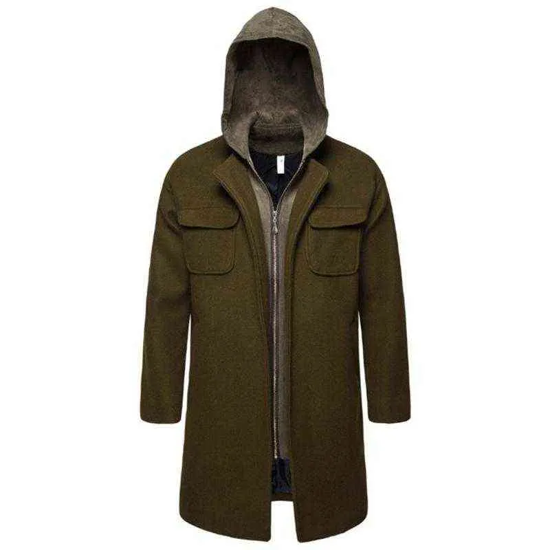 Trend Falso in due pezzi Cappotto di lana da uomo con cappuccio Verde militare Giacca a vento da uomo Moda Cerniera Cappotto in misto lana T220810
