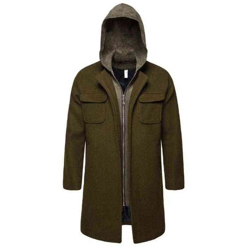 Trend Fake Two Piece Woolen Coat Men Hooded Army Green Men's Windbreaker Fashion Zipper Overcoat Wool Blends T220810