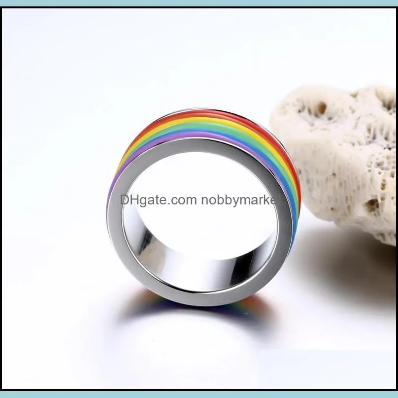 9MM Rainbow Ring Fashion Unisex Titanium Stainless Steel Finger Ring for Man Women Engagement Party Couple Rings Gifts