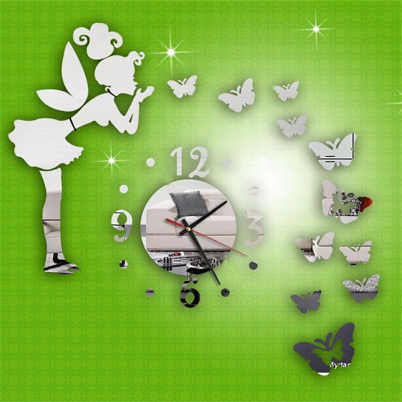 ساعة الحائط ساعة الفراشة الصغيرة فتاة DIY مرآة حديثة نمط الملصقات المنزل ديكور المنزل لزخارف غرفة المعيشة ملحقات الساعة