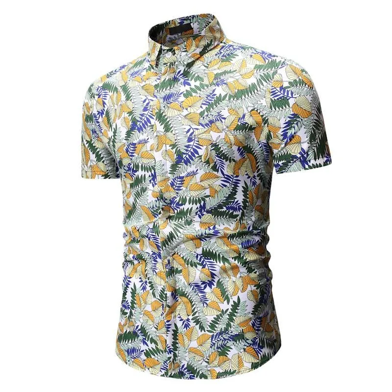 Chemises décontractées pour hommes Feuille imprimée Hommes Robe Camisa Hombre 2022 Chemise d'été à manches courtes Hawaiian Slim Fit Floral ShirtMen'sMen'sMen's