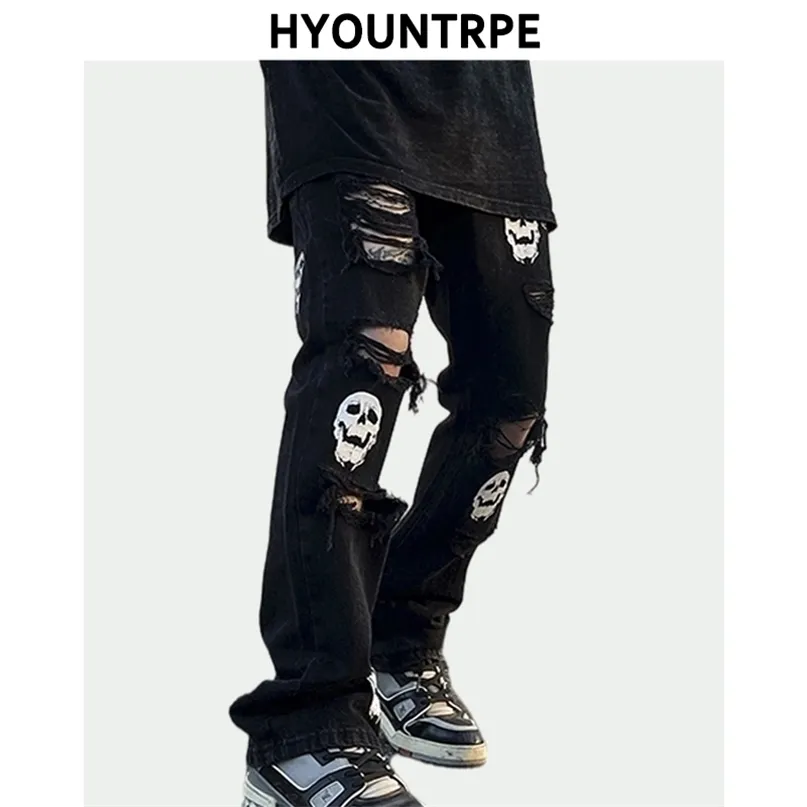 Fashion Skull Printed Denim Jeans Mens Destored Holes Zipper Flare Hip Hop Streetwear Summer Casual Joggers Byxor 220328