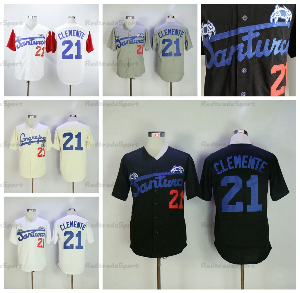 빈티지 #21 Roberto Clemente Santurce Crabbers 대학 야구 유니폼 NCAA Mens 블랙 저지 대학 스티치 셔츠 S-XXXL