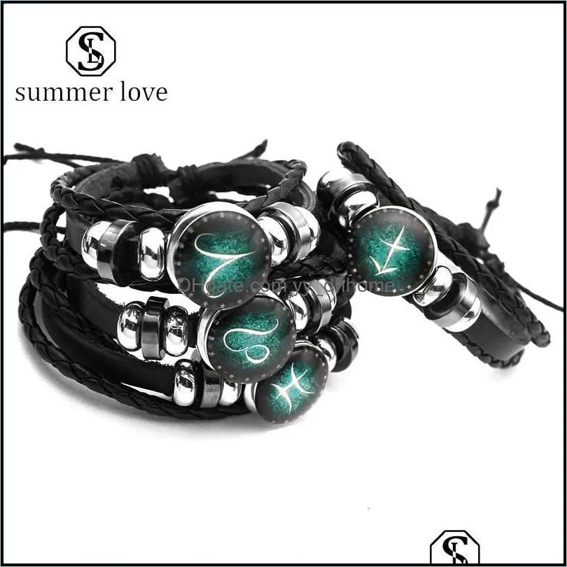 Link Chain armbanden sieraden 12 Constellatie Luminous lederen touwarmband Zodiac Signs Dieren Sier Plated Glas Dhtke