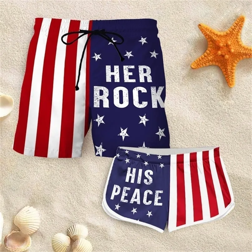 Casal combinando shorts her rock e sua paz impressão 3d moda masculina shorts para casal roupa praia shorts w220617