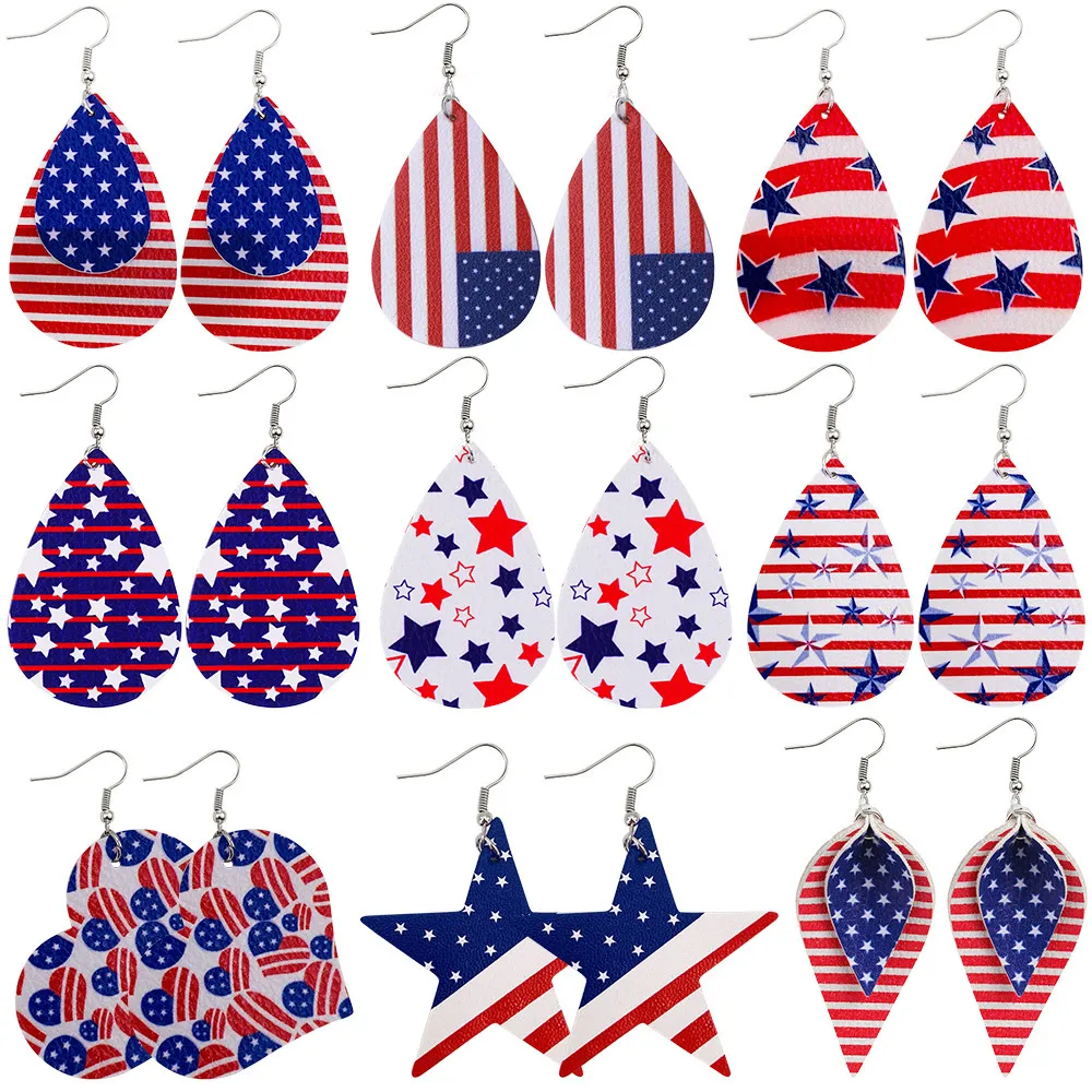 Nouveautés boucles d'oreilles en cuir American Independence Day imprimer drapeau pentagramme PU boucle d'oreille gouttes d'eau boucles d'oreilles multicouches en gros Z11