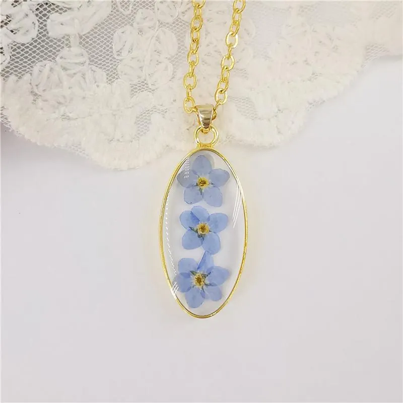 Pendentif Colliers Charme Ovale Fleur Séchée Mode Véritable Résine Collier Ne M'Oubliez Pas Rose Femmes BijouxPendentif