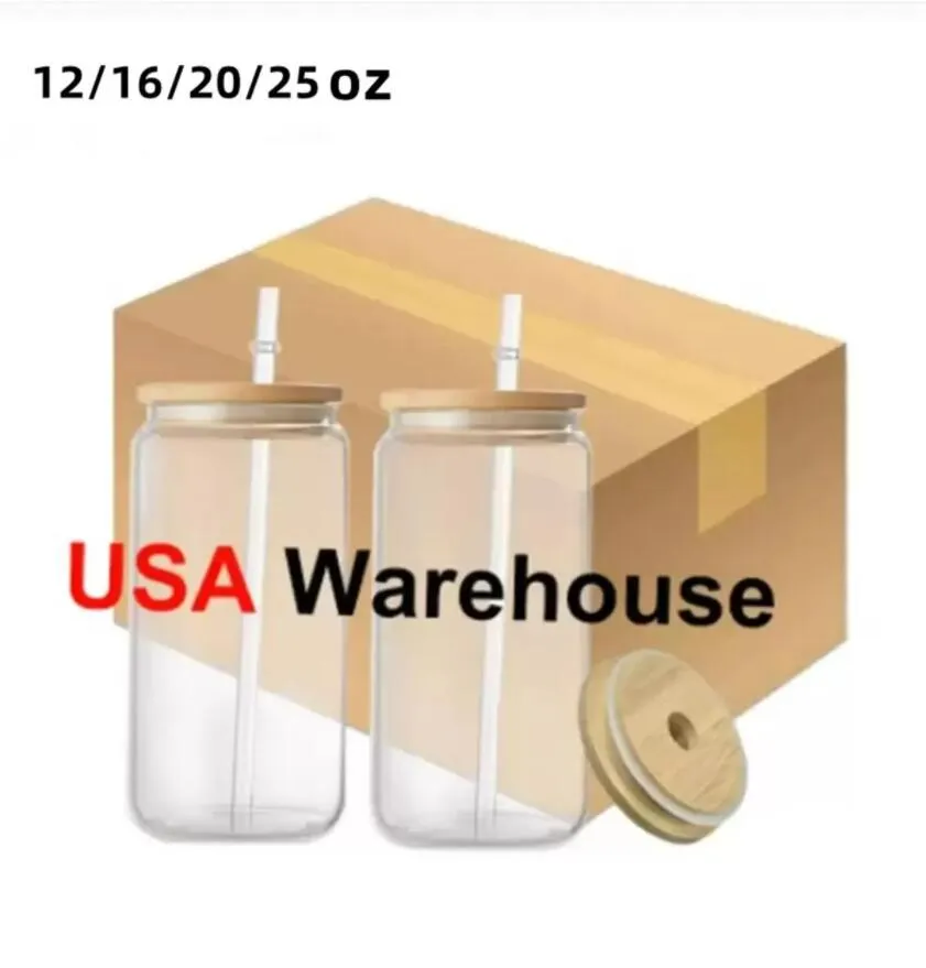米国倉庫12オンス16オンス20オンス25オンスの昇華ガラスビールタンブラーウォーターボトルは、竹のふたと再利用可能なストローアイスコーヒーカップで飲むマグカップ