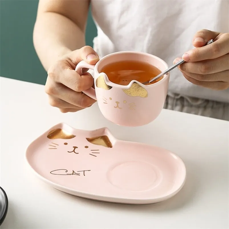 Ceramic Coffee Cup Set Cartoon Cat Pattern Tea Dessert Plate Outfit Creative Söta och tefatuppsättning Ge bort sked LJ200821