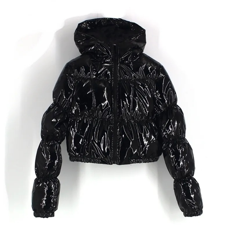 フード付きパフジャケットクロップドパーカーバブルコート冬の女性新しいファッション服ブラックレッドピンクLJ201021