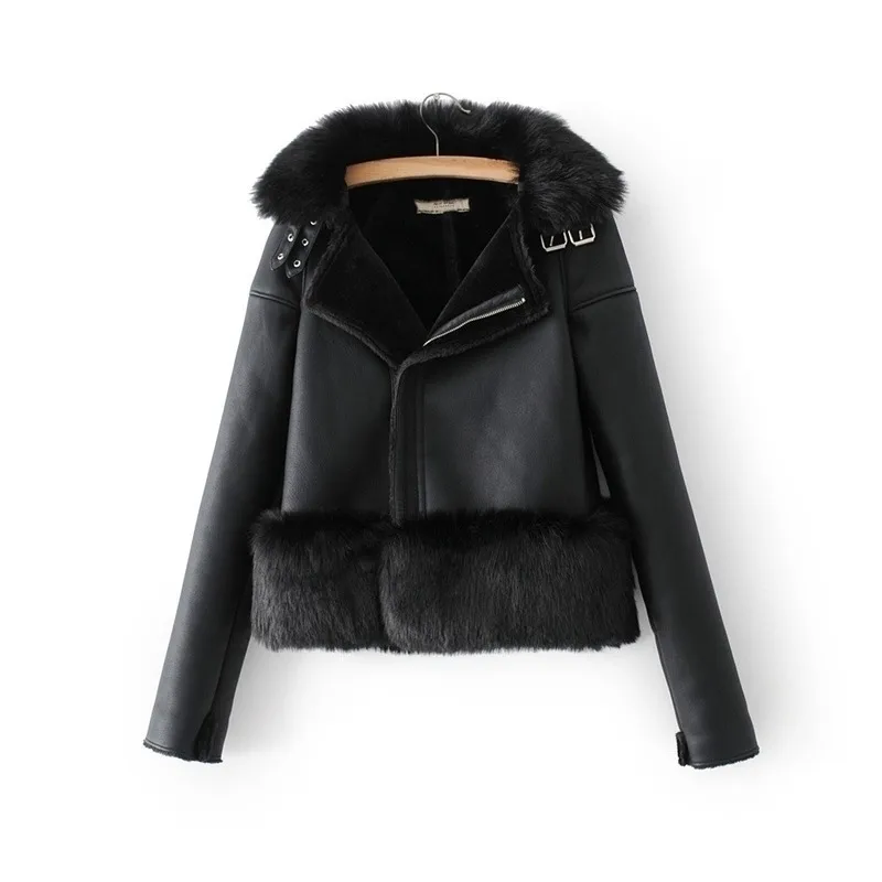 Casaco de couro de colarinho de pele grossa inverno quente quente jaqueta de couro de l￣ de l￣ de l￣ de jaqueta de motocicleta feminino