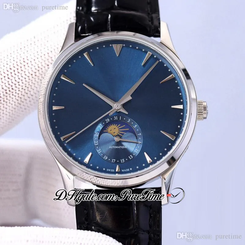 Master Ultra Thin 1368420 Moon Phase Automatic Mens Watch 39mm Steel Case Blue Dial Silver Stick Markers Leather Strap Calender Watches 2022 Puretime JL-Y10D4