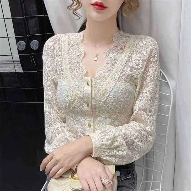 Autumn Sexig Vneck Lace Patchwork Blue för kvinnor Hollow Out Long Sleeve Chiffon Shirt Female Beige Short Tops Blusa 210401