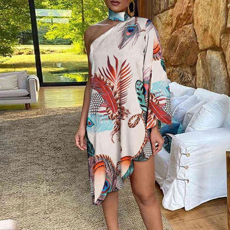 Women Autumn One Shoulder Long Sleeve Party Midi Dress Halter Peacock Chain Print Bevel Edge Elegant Ruffles Dresses Vestidos G220413