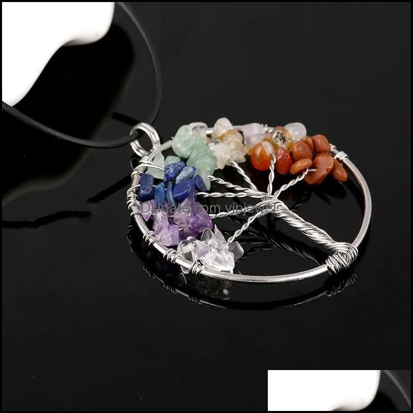 7 Chakra Tree Of Life necklaces Rainbow Natural Stone Quartz druzy Wisdom Tree pendant Black Rope String chains For women Jewelry Gift