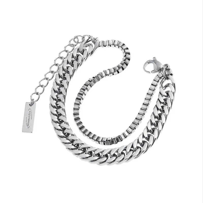 Unisex Double Layer Cuban Chain Bracelet Hip Hop Tide Titanium Steel Light Luxury Small Simple Men Stacked Fashion Jewelry Accessories
