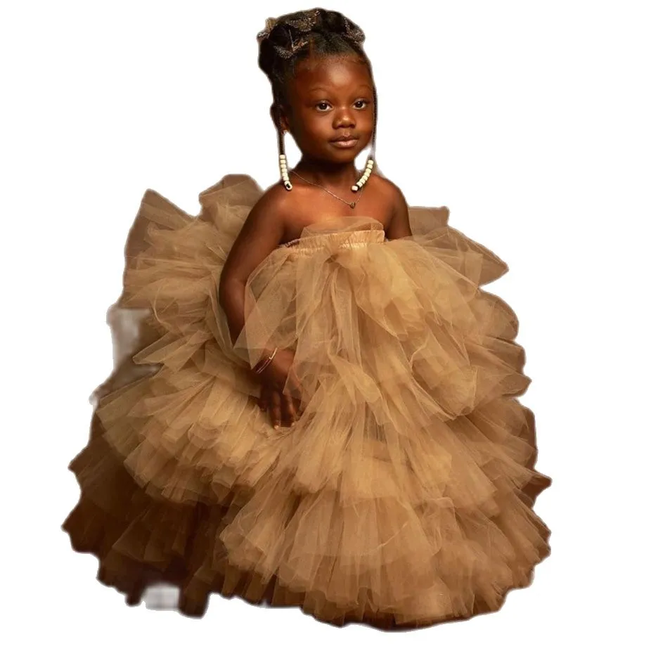 Khakifarbene afrikanische Blumenmädchenkleider, trägerlos, ärmellos, Geburtstagsparty-Kleidung für die Hochzeit, mehrschichtige Rüschen, kleine Baby-Festzug-Kleider