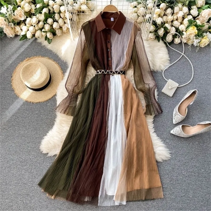 Wavsiyier lujo A-line Boho Patchwork otoño vestidos elegantes mujeres fiesta manga larga alta cintura Vintage vestido primavera encaje 220317