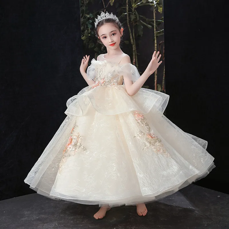 2022 Vintage Princess Flower Girls Sukienki koronkowe na ramię specjalną okazję na wesela balowy suknie.
