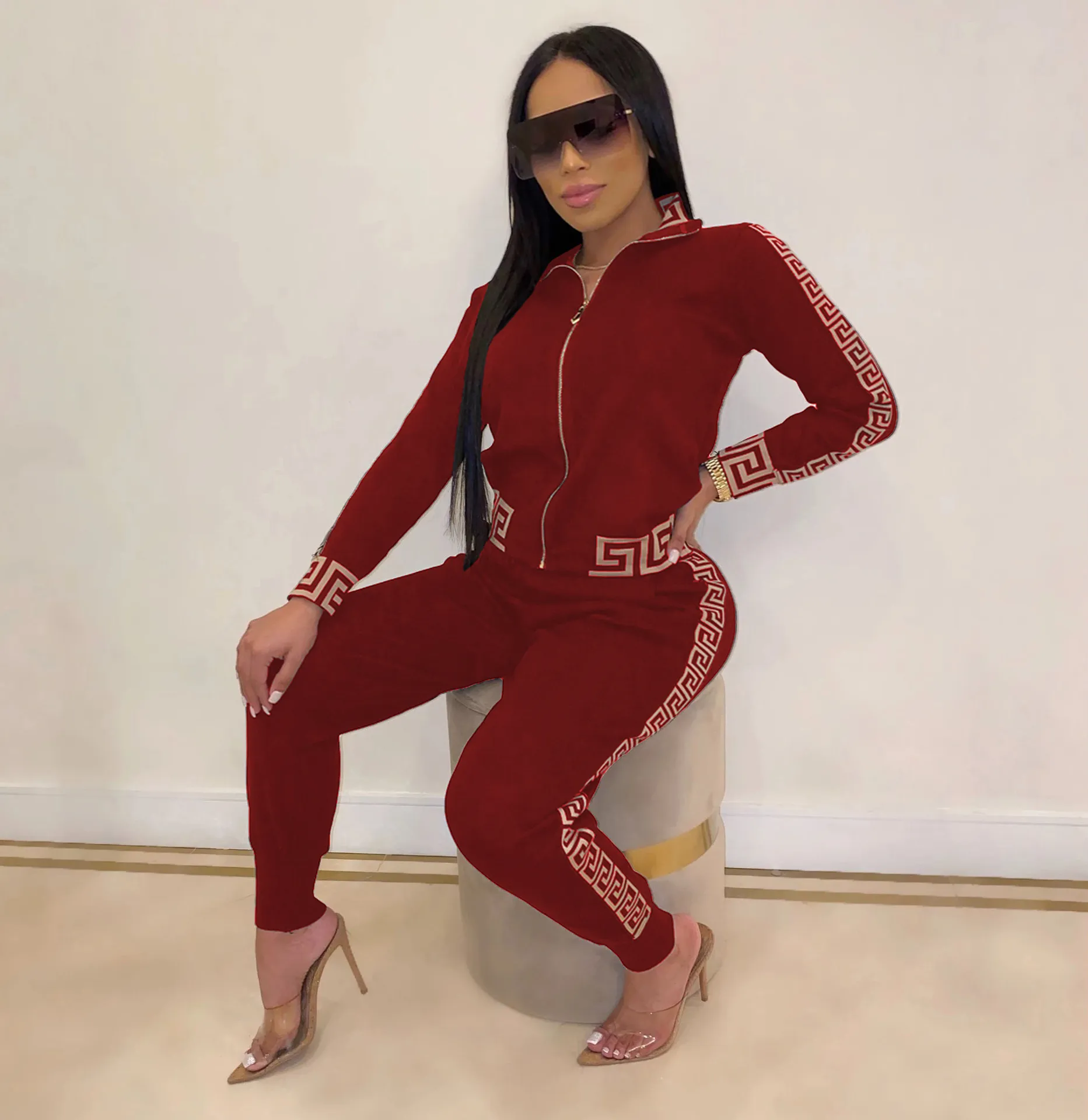 Fashion Casual Womens Tracksuits passar Two Piece Sports Setspring Autumn New Long Sleeve Printed Stitching Printed Rands Jacked and Pants Sweatsuit Women S-2XL