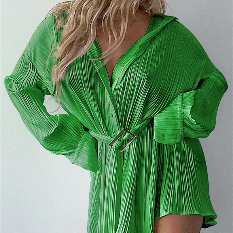 Ootn grön vintage bälte veckade skjorta klänningar mode långärmad kort klänning kvinnor vår mini hög midja elegant mantel 220511