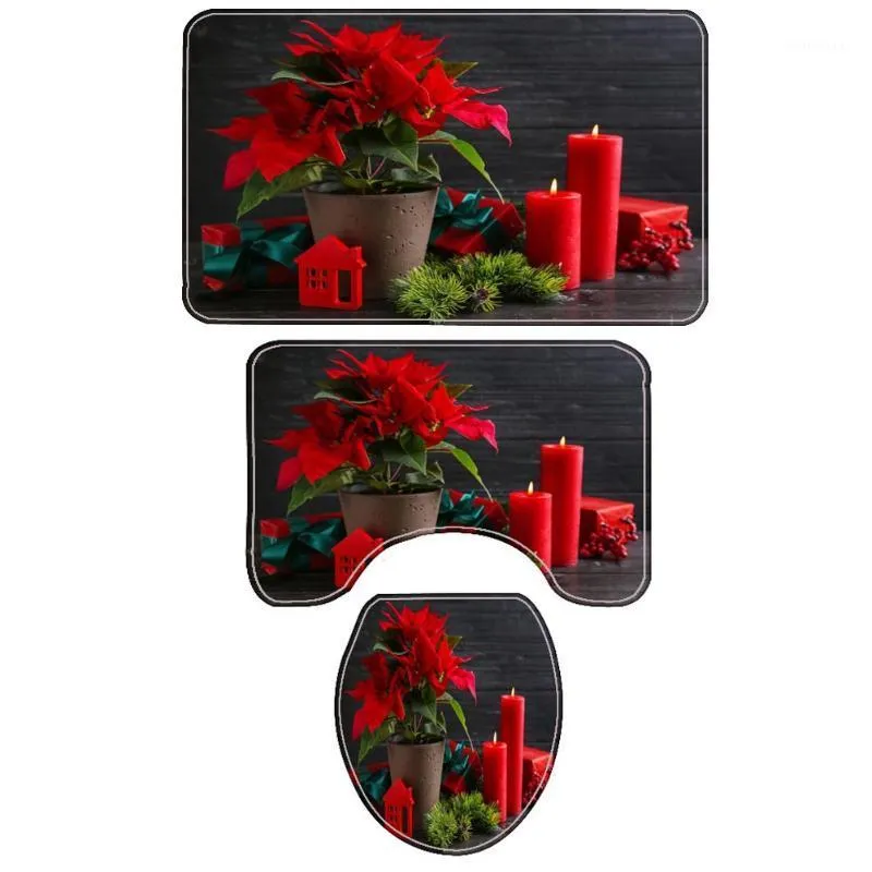 Bath Mats Christmas Personalized Printing Red Flower Curtain Candle Shower Bathroom Floor Mat Base Toilet Combination Set