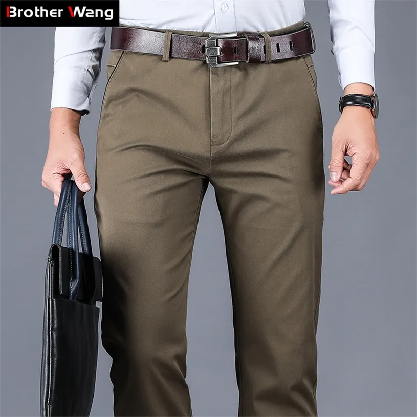 Pantalon décontracté pour hommes, 4 couleurs, 98% coton, Style classique, droit, ample, taille haute, élastique, vêtements de marque, 220323