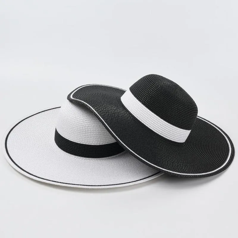 Wide Brim Hats Sun For Women Girls Floppy Straw Hat Hepburn Style Black White Stitching Summer Anti-UV Beach Cap ChapeauWide