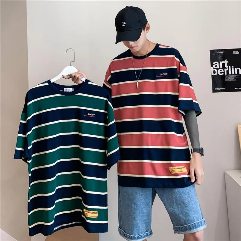 Men's T-Shirts Brief Hip Hop Fashion Striped Men T-Shirt High Quality Funny Casual Clothes O-Neck Hong Kong Style Harajuku Pullover Streetwe