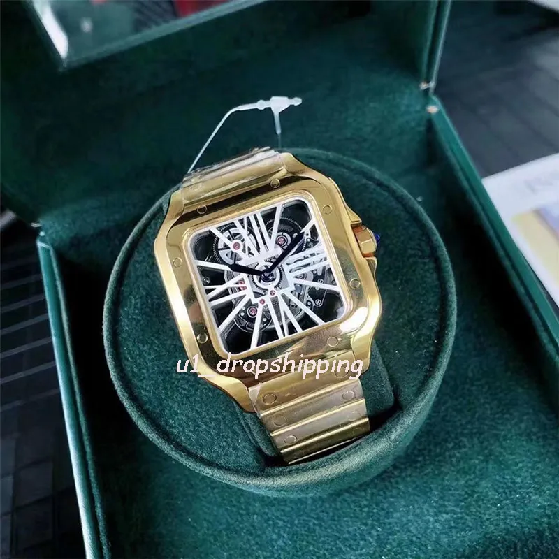 Dropshipping-Mens Sweets Square Skeleton 39mm Boy Boyut Tüm Paslanmaz Çelik İş Kuvars Kuvars Kol saat