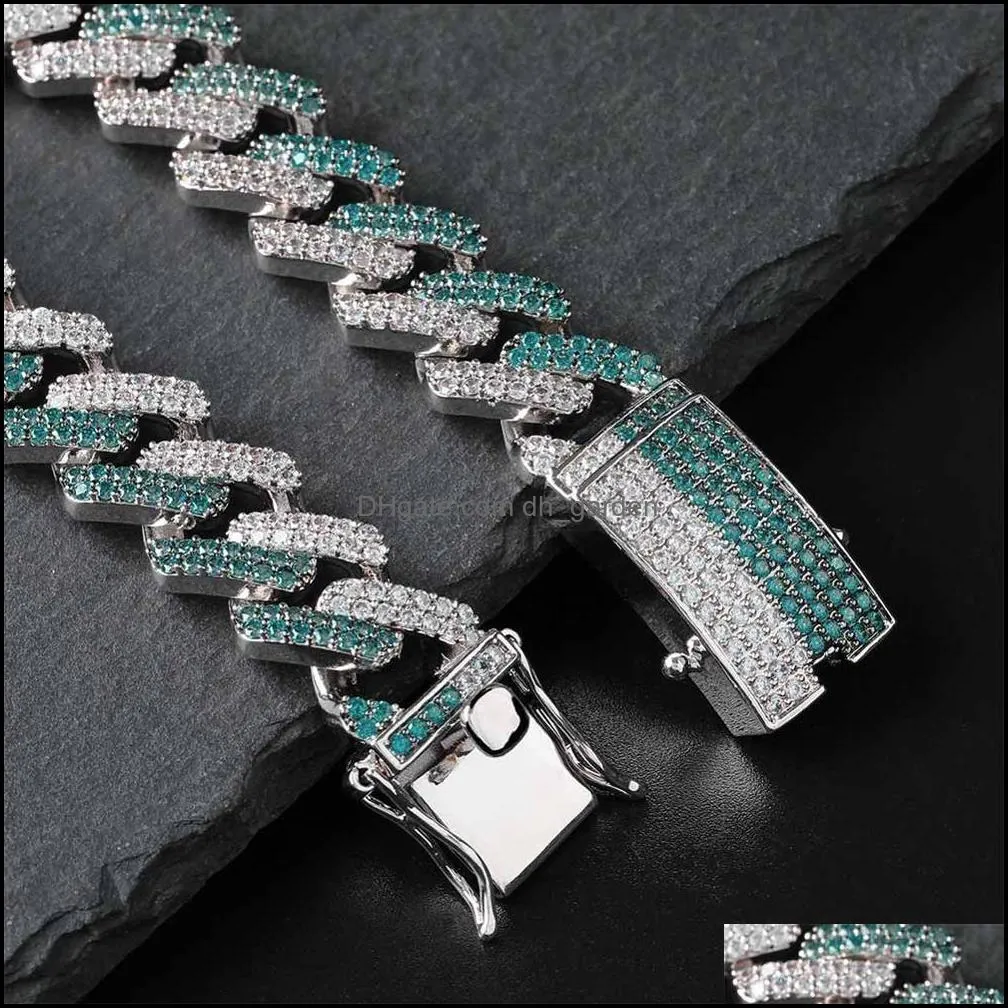 14mm Green white CZ Zircon Bling Ice Out Rhombus Cuban  Curb Link Chain Bracelets for Men Rapper Jewelry