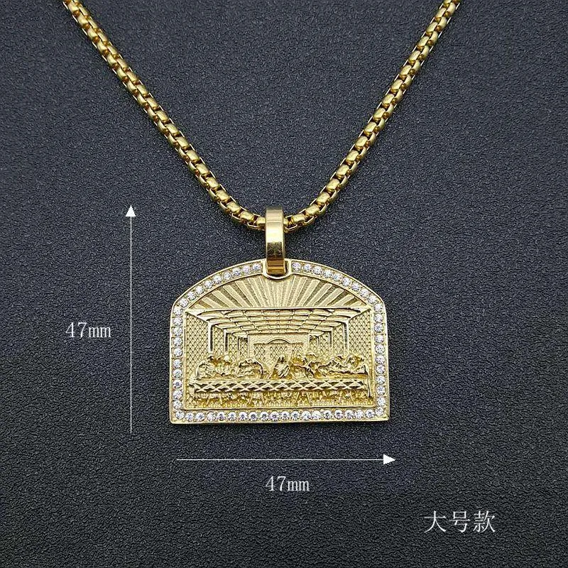 Necklaces Pendant Necklaces Hip Hop Bling Iced Out Rhinestones Stainless Steel The Last Supper Geometric Square Necklace For Men Rapper Jewe