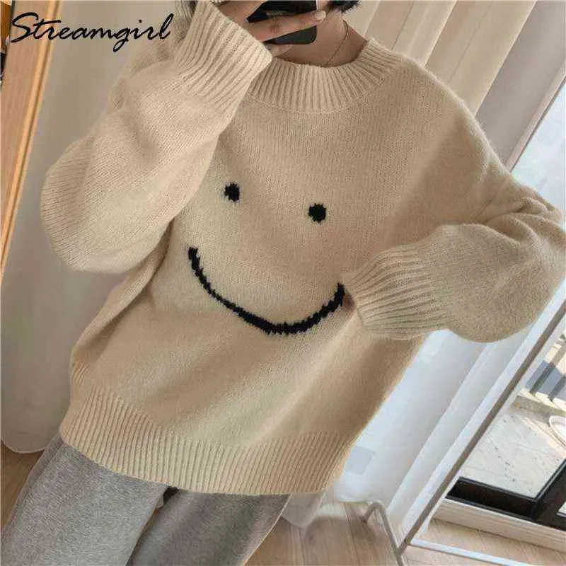 Beige Knitted Warm Sweaters For Women Sweater Oversize Autumn Winter Sweet Clothes Smile Prin T220824