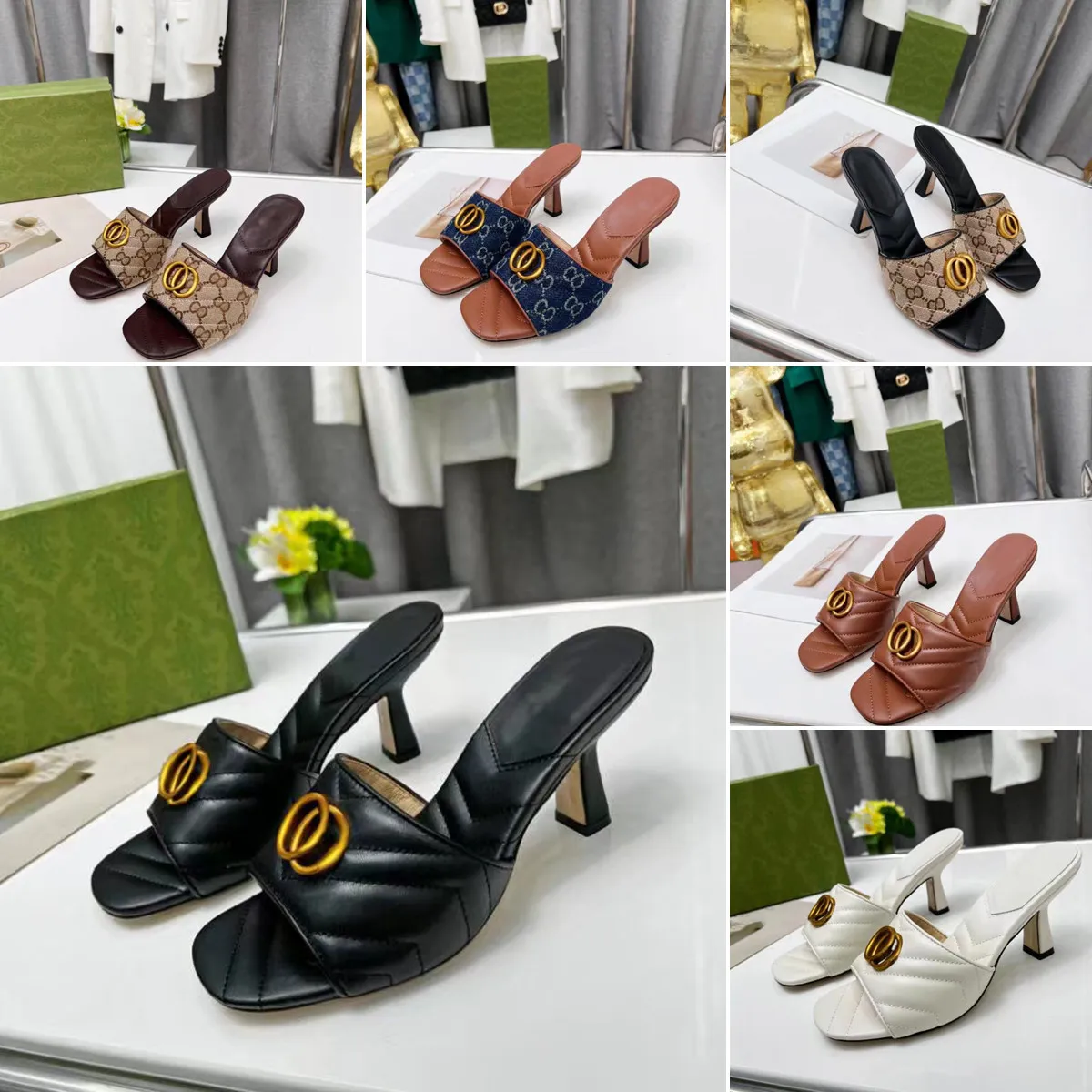 Designer Sandales Talon Aiguille 6.5 cm D'été Dames Sloppy Talon Mode Chaussures Pour Femmes Impression Sur Toile avec Boîte D'origine