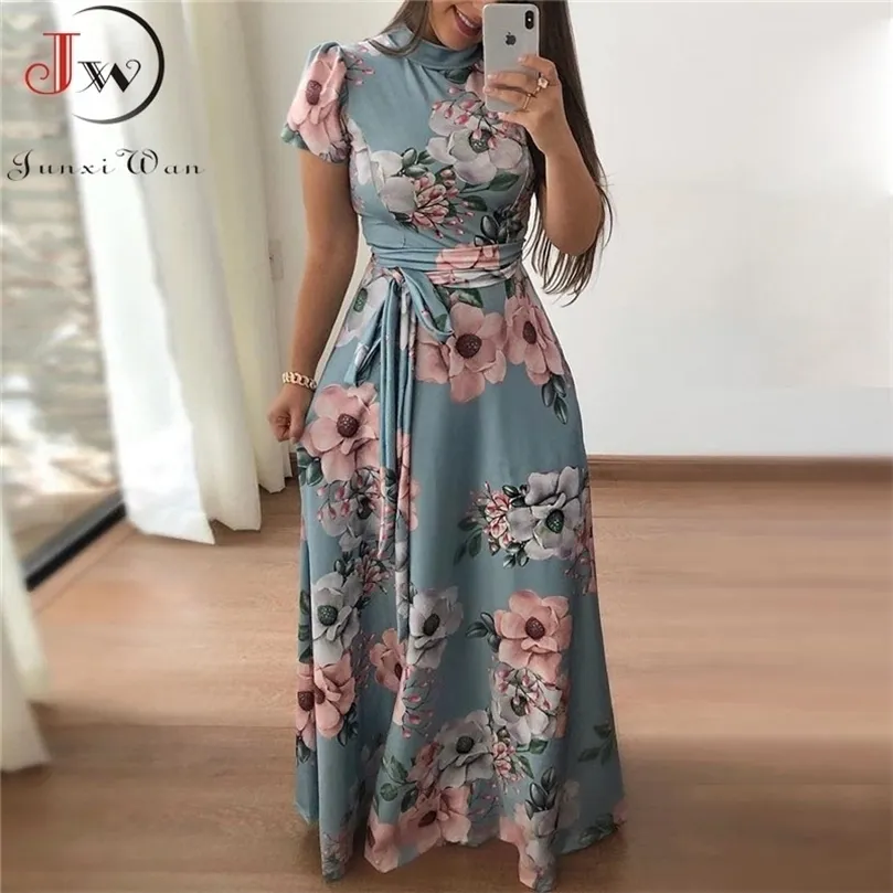 Femmes Summer Maxi Dress 2021 Casual manches courtes Boho Floral Print Robe longue à col roulé Bandage Robes de soirée élégantes Robes 210322